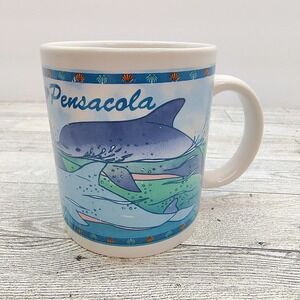 Dolphin Souvenir Coffee Mug Pensacola Ocean Beach Florida White & Blue Ceramic